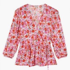 NWT Lucky Brand Women’s Sz Small Ditsy Floral Charlie Pink Wrap Blouse